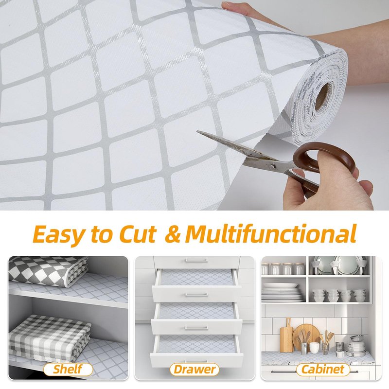Shinlendid Drawer and Shelf Liner for Kitchen Cabinets, Non-Adhesive Strong Grip Cabinet Liners for Dressers, Durable Waterproof Anti Slip Cupboard Liner, White/Sliver, 23 in x 10 Feet