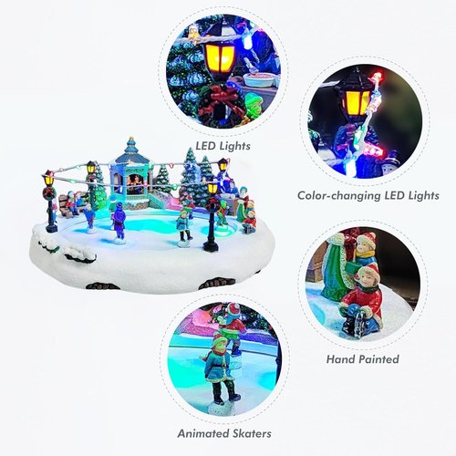 Moments In Time Animated Skating Pond | 7.28” LED Christmas Village Display with Moving Skaters, Lights & Music
