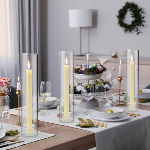 12 Sets Modern Candle Stand with Chimney Cover Taper Candle Holders Glass Hurricane Candle Holder for Tapered Candles 12inch Large Crystal Candlestick Holder Stand with Cylinder Sleeves for Wedding