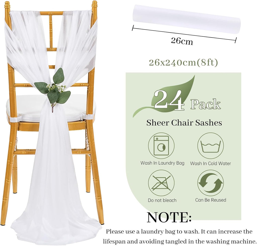 QueenDream Chair Sashes - 24 Pack White Sheer Draping Fabric for Wedding Aisle & Party Decor