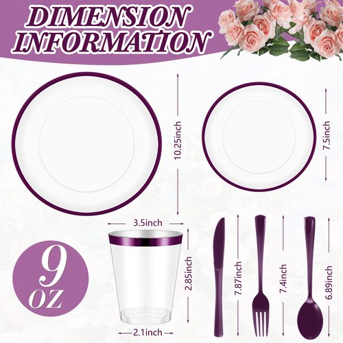 Roshtia 300 Pcs Plastic Dinnerware Set for 50 Guests, Clear Plastic Plates with Rim, Include Disposable Plates, Cups, Knives, Forks and Spoons for Birthday Wedding Party(Purple)