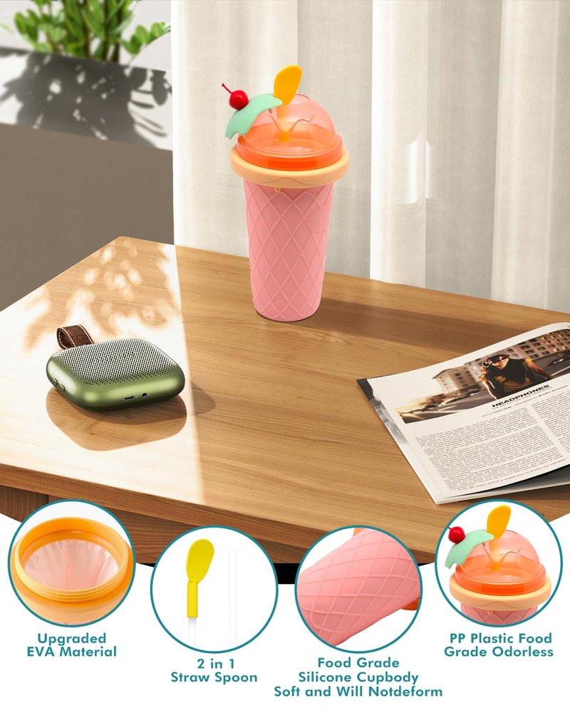Slushie Cup, Smoothie Cups with Lids & Straws, Slushy Cup for Juices, Milk and Ice Cream Make, Portable Frozen Magic Slushie Cup Maker for Kids, Friends and Family (Pink)
