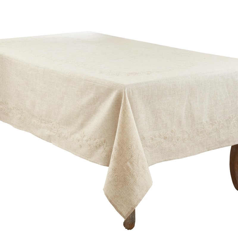 SARO LIFESTYLE Embroidered Swirl Design Linen Blend Tablecloth/001.N67120B, 67" x 120", Natural
