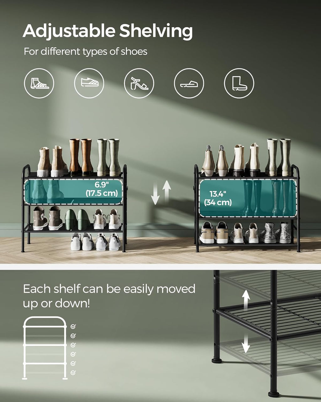 SONGMICS 3-Tier Shoe Rack - Height-Adjustable Metal Organizer with 4 Hooks | Holds 12 Pairs, Ink Black