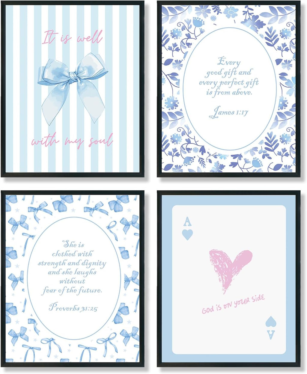 ULEGIE Coquette Blue Bow Wall Art Decor - Inspirational Bible Verses | Set of 4 Unframed 10x8 Inch Posters for Teen Girls' Rooms