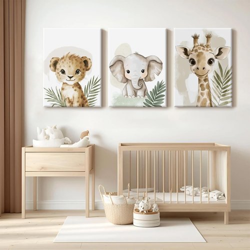 Nursery Animal Wall Art Decor Baby Boy Kids Room Pictures Safari Jungle Nursery Canvas Wall Decor Toddler Woodland Animals Prints Cute Giraffe Poster Artwork for Bedroom 16x24x3 Inch Wrapped Canvas