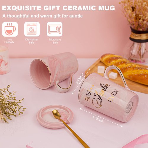 Doublewhale Aunt Gifts from Niece, Nephew - Best Aunt Ever Gift Mug - Happy Christmas Birthday Mothers Day Gifts for Auntie - Marble Ceramic Auntie Coffee Mug Gifts Box Printed Gold 14 Oz Pink