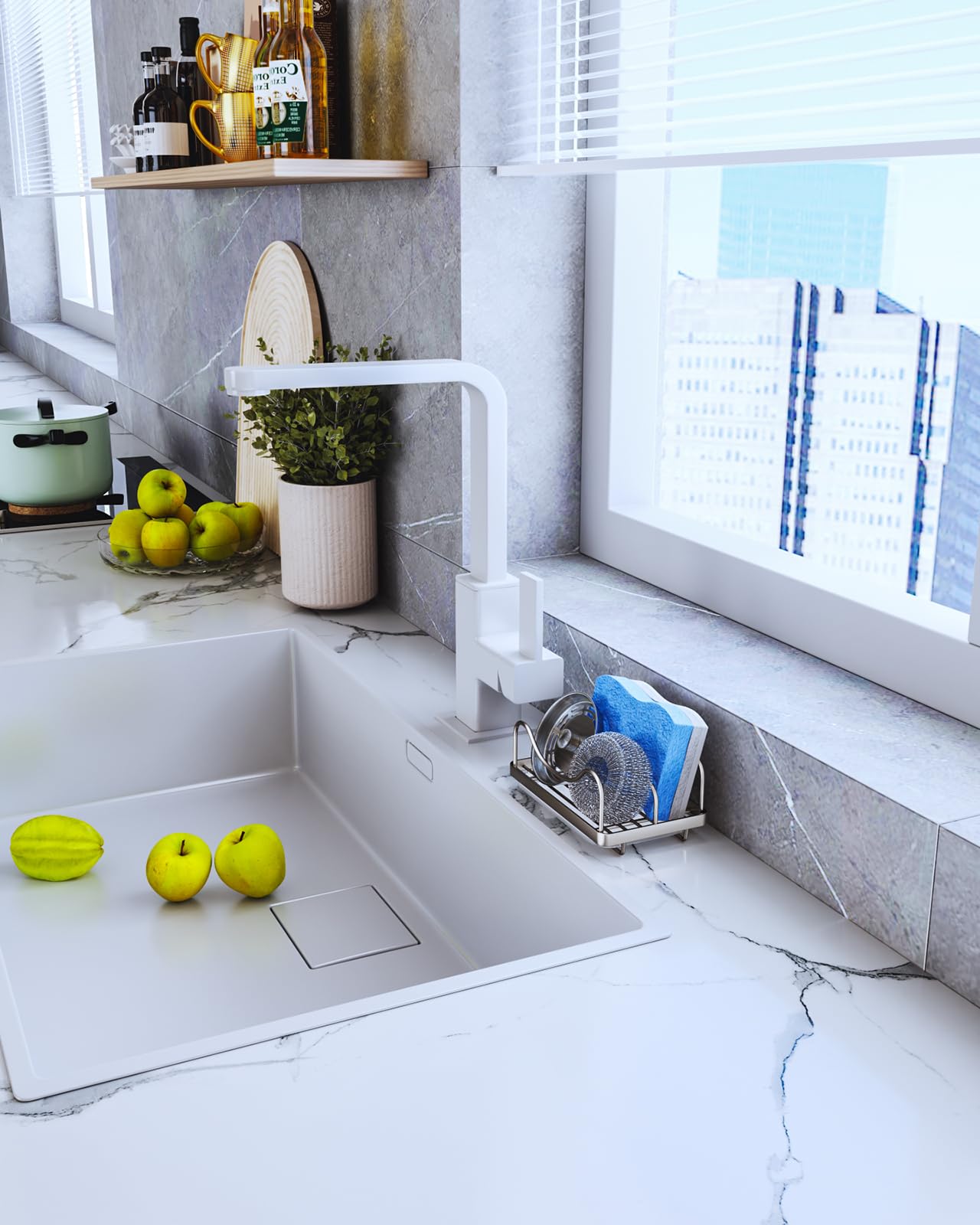 Consumest Sponge Holder for Kitchen Sink - Movable Sink Caddy for Countertop Organizer, 304 Stainless Steel Sponge Holder with Detachable Drip Tray for Kitchen Accessories, Sand Nickel
