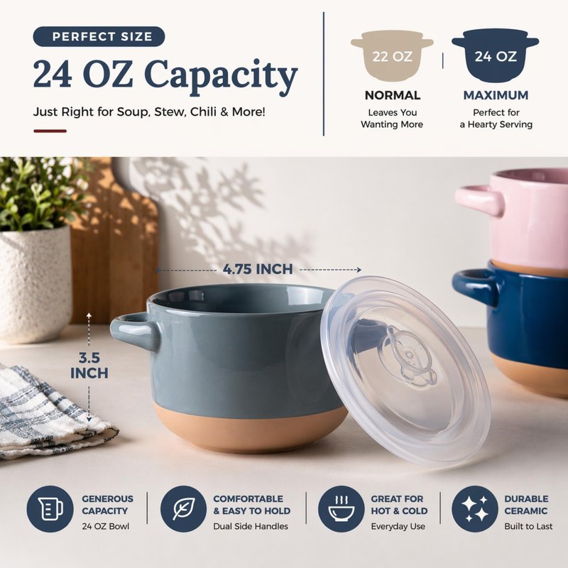 AmorArc 24 Ounces Soup Bowls with Large Handles and Lids, Stoneware Bowls Set of 4 for Soup, Cereal, Stew, Noodle, Colourful Ceramic Kitchen Bowls, Microwave&Dishwasher Safe, Multicolor