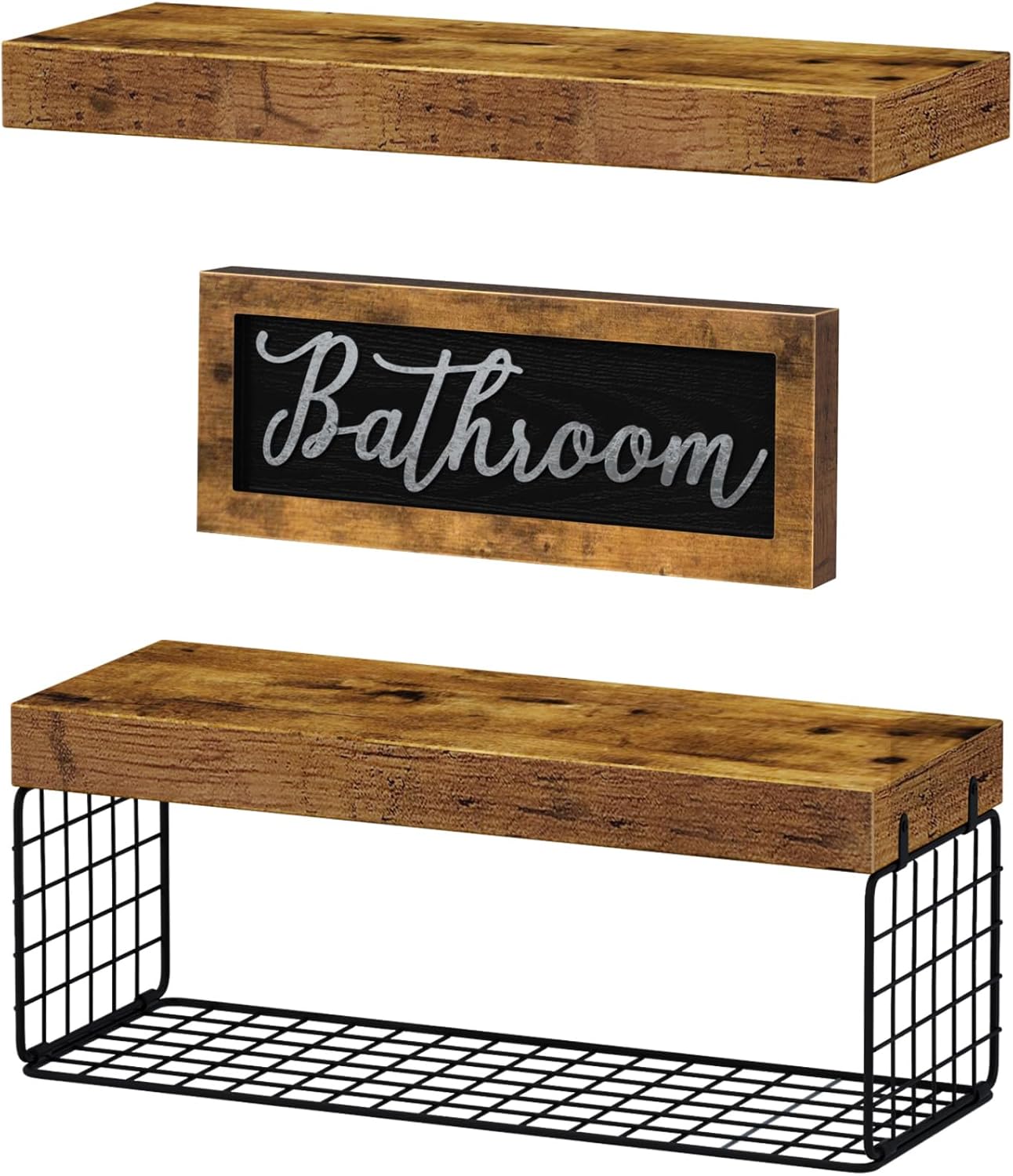 QEEIG Bathroom Shelves Over Toilet - Rustic Brown Wall-Mounted Storage | 16-Inch Floating Shelf Set