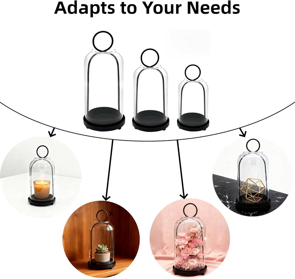 Skiennix Metal Candle Holders Set - 3 Pack with Glass Domes | Versatile Black Candlestick Holders (5.5", 4.7", 3.9")