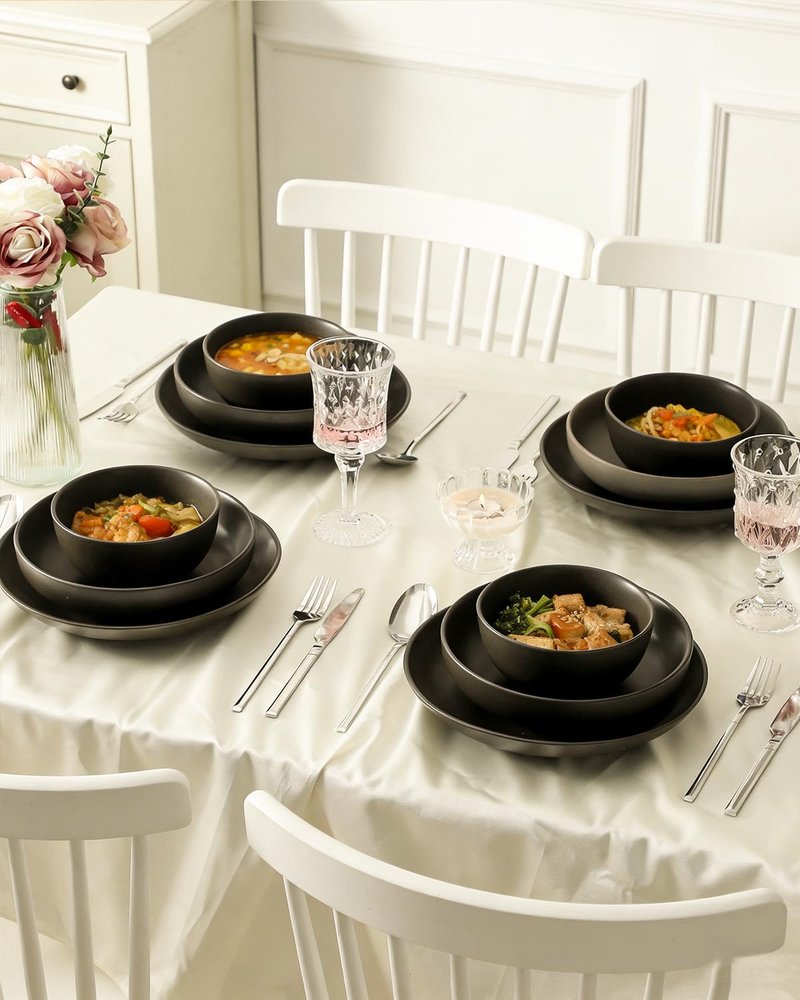 Tikooere Plates and Bowls Sets, 12-Pieces Stoneware Dinnerware Set Ceramic, Matte Black Dishes Set for 4, Scratch Resistant, Microwave and Dishwasher Safe Tableware, Porcelain