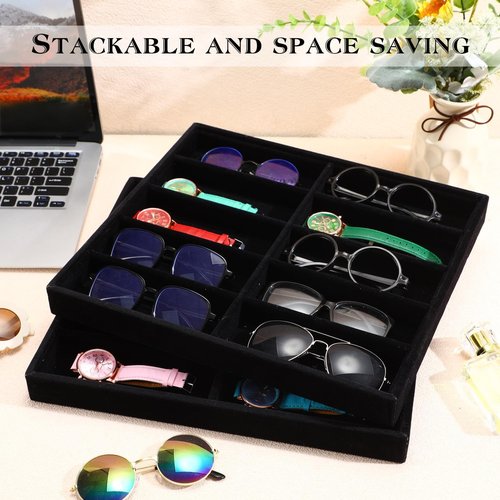 Batiyeer Sunglasses Organizer Storage Tray 10 Grids Eyewear Watch Holder Display Stackable Ice Velvet Tray Women(Black,4 Pcs)