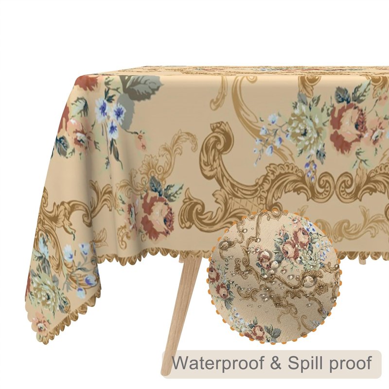 TTQYFNM 52x70inches Luxury Rectangle Tablecloth Elegant Golden Damask Pink Blue Floral Printed Fabric Table Cloth Washable and Wrinkle Free Table Cover for Kitchen Dining Room Banquet Party Decor
