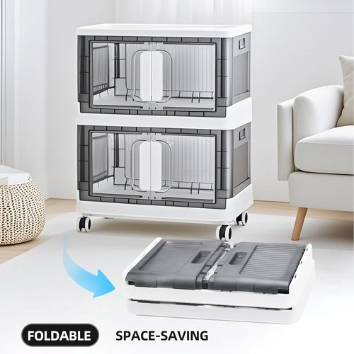 Folding Storage Organizer - Heavy-Duty Plastic Bin with Clear Door | Stackable Design, 3 Sizes (19.5/23.5/27.5in) in Black/White
