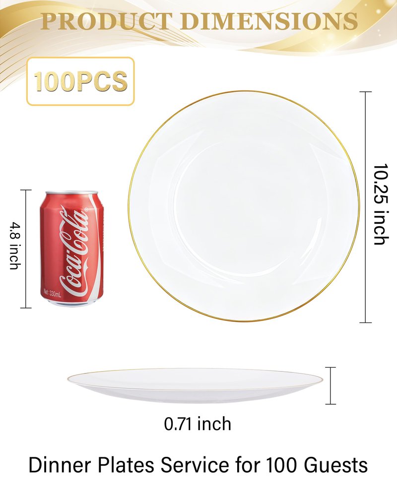 Nervure 100 Pieces Gold Plastic Plates - 10.25 inch Gold Dinner Plates - Heavyweight White and Gold Disposable Plates Ideal for Wedding & Party & Mother's Day