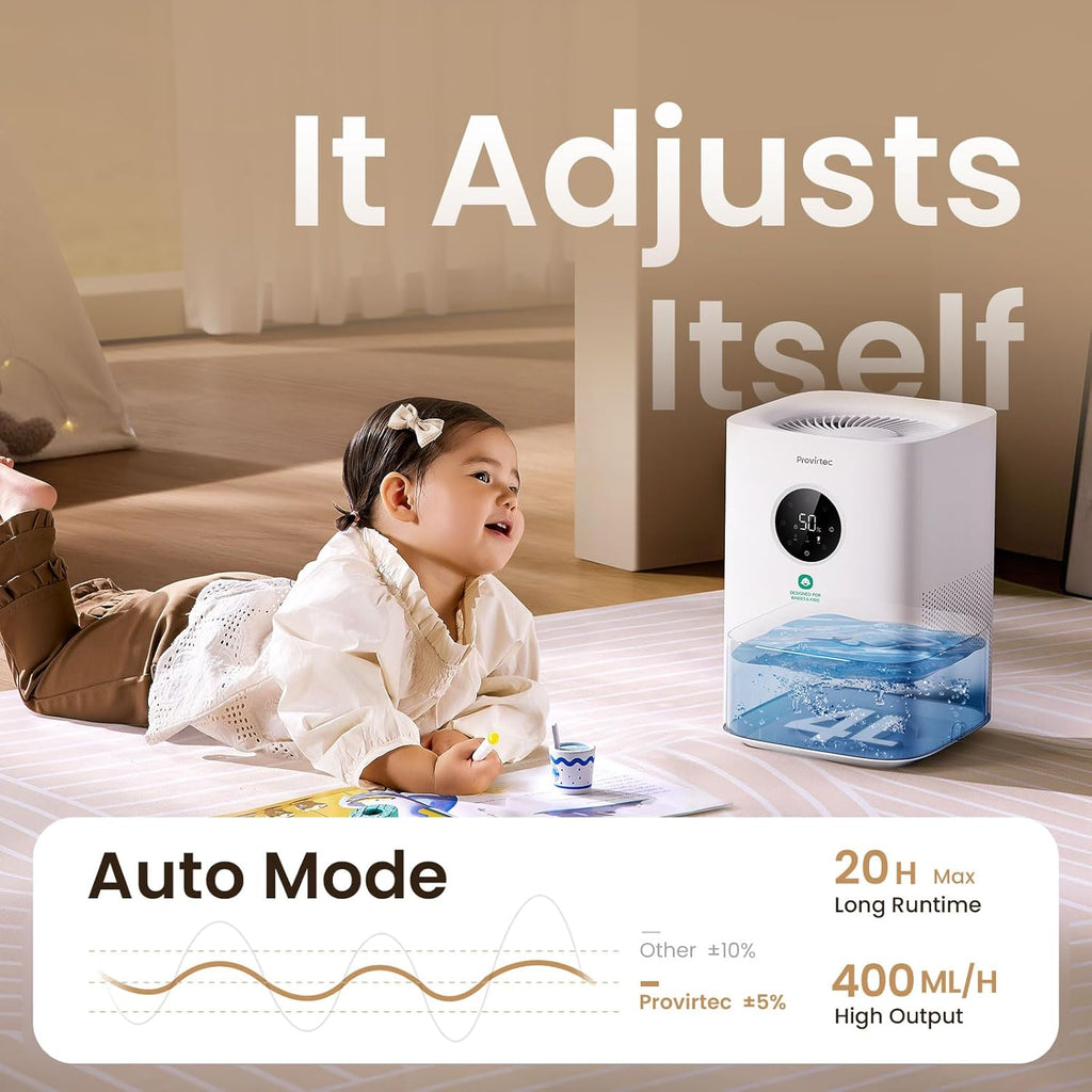 Provirtec Pro Baby Humidifier - Mist-Free, BPA-Free & Quiet 16dB | 4L Easy Clean Tank for Nursery