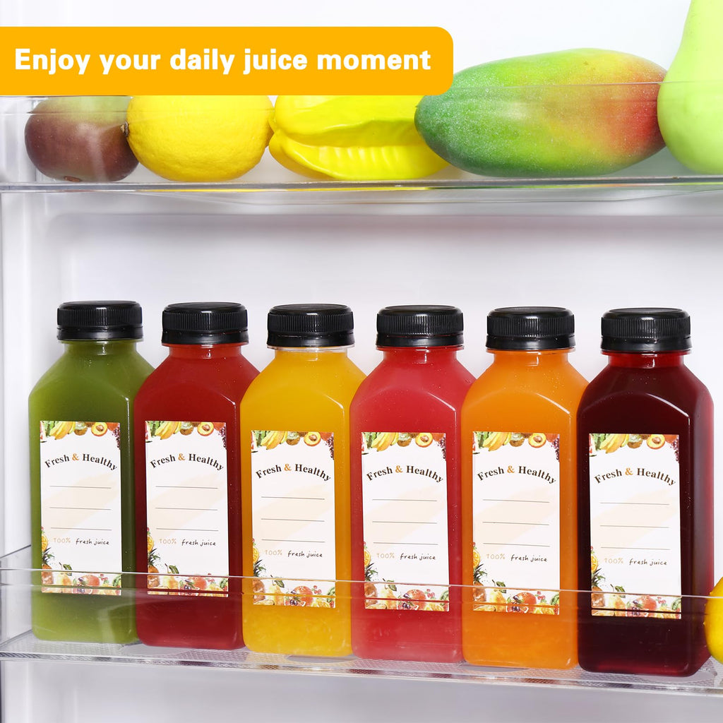 Moretoes 12pcs 12oz Plastic Juice Bottles with Caps, Clear Reusable Juicing Bottles, Empty Drink Containers with Lids for Juicing Smoothies and Other Beverages