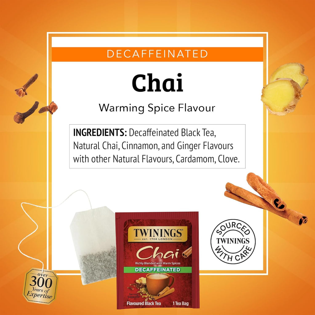 Twinings Decaffeinated Chai Tea Bags - Sweet & Savory Spices | 120 Individually Wrapped Bags (Pack of 6)