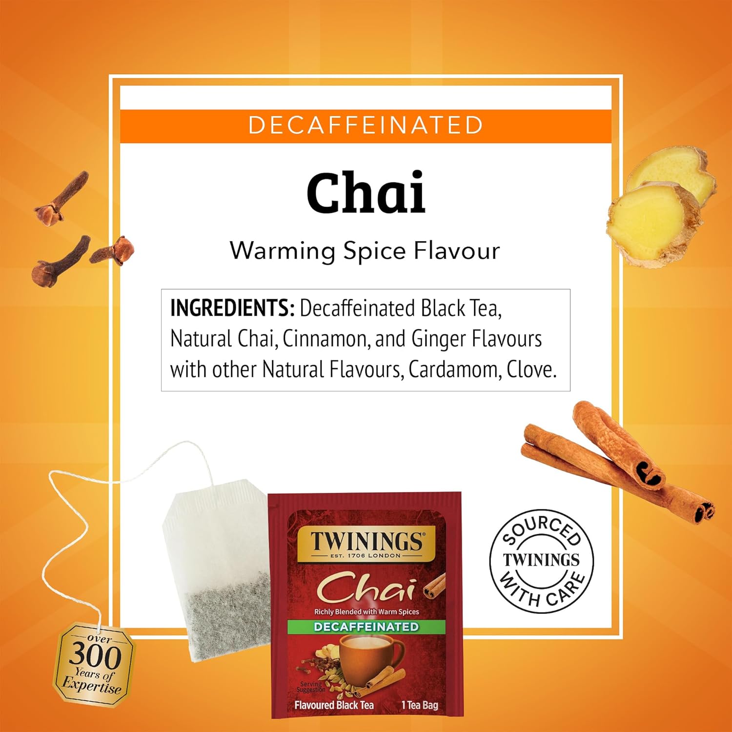 Twinings Decaffeinated Chai Tea Bags - Sweet & Savory Spices | 120 Individually Wrapped Bags (Pack of 6)