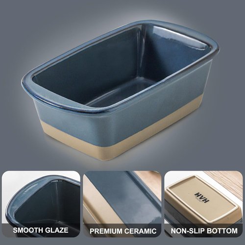 HVH Ceramic Loaf Pan - 9 x 5 Inch Rectangular Baking Pan for Bread - Farmhouse Style in Blue