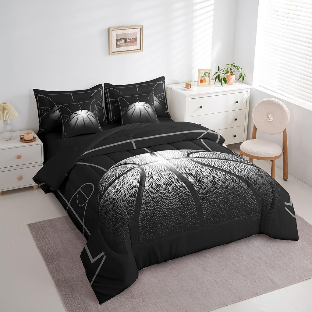 Erosebridal Basketball Comforter Set 7 Pcs Full for Kids,Sports Bed in A Bag for Boys,Basketball Court Bedding Sets for Fan,Black Ball Game Reversible Bed Sets with Sheet Set,Pillow Case for Bedroom