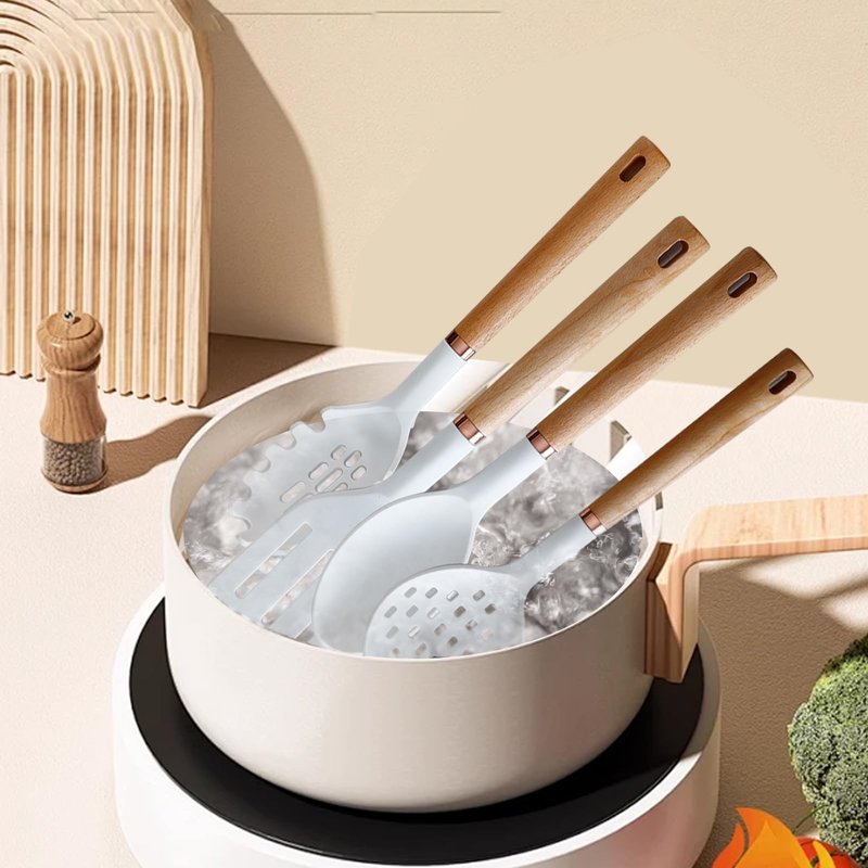 Jiufei Home 13-Piece Silicone Kitchen Utensils Set, Wooden Handle Nonstick Cooking Tools with Spatula Turner Tongs Ladle, Heat Resistant 450°F BPA-Free Dishwasher Safe Cookware Accessories (White)