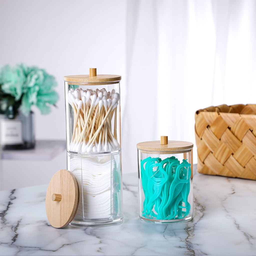 Skiennix Qtip Holder Set - 3 Pcs Clear Acrylic Containers with Bamboo Lid for Cotton Swabs & Pads | Bathroom Organizer