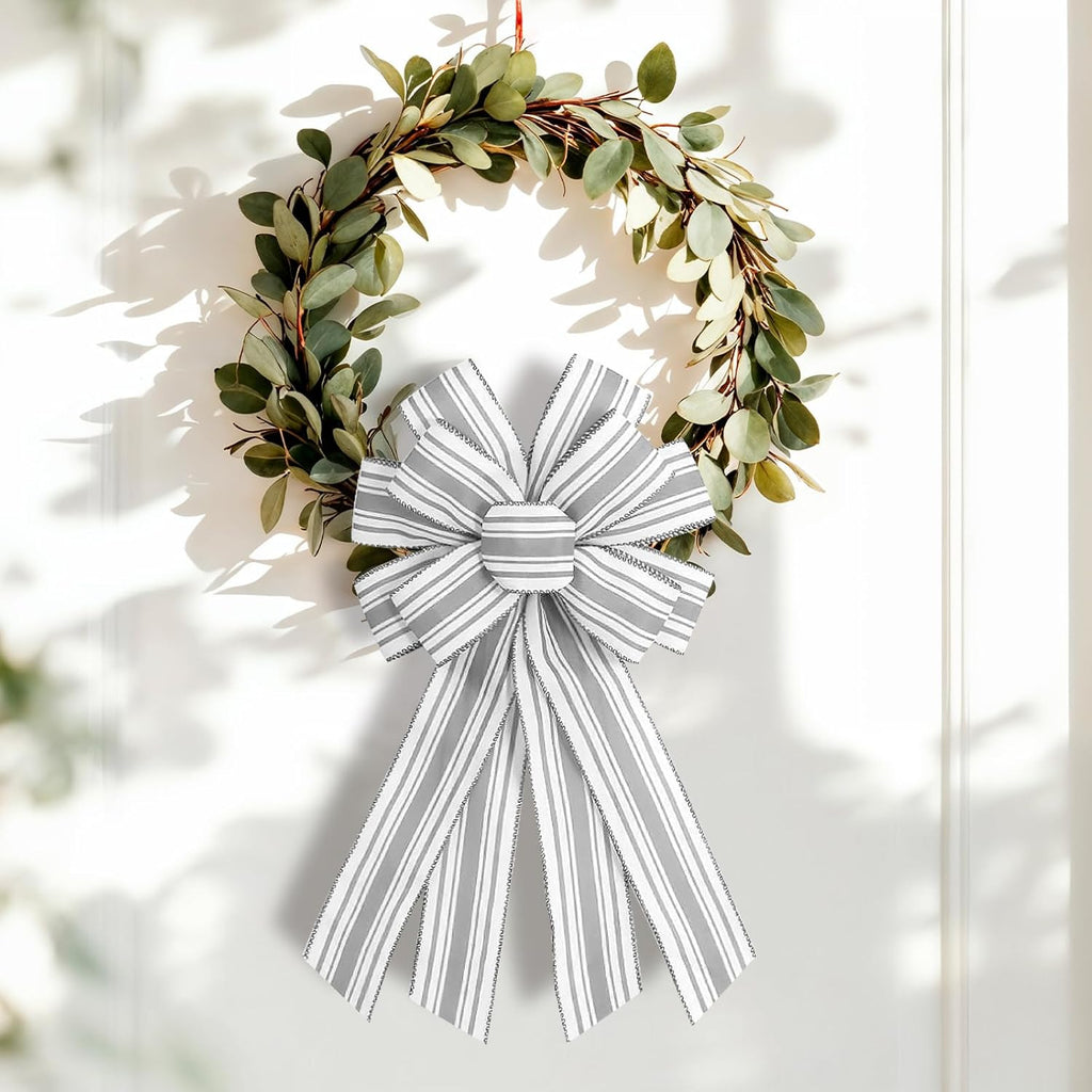 Regine Switzerland Grey & White Stripes Wreath Bow | Perfect for Birthday, Anniversary & Wedding Decor