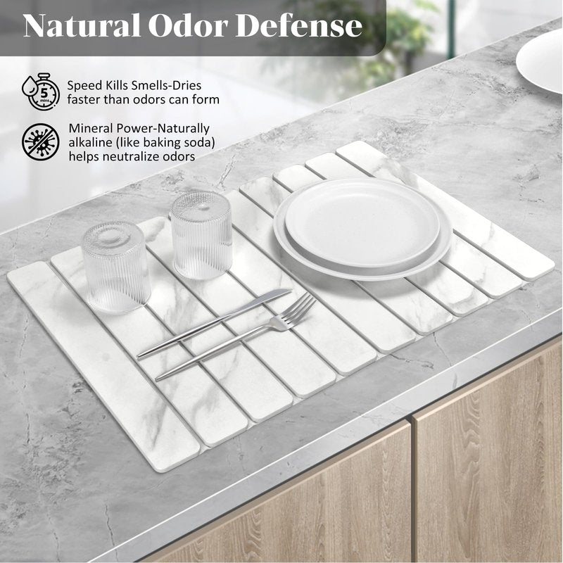 Dish Drying Mat for Kitchen Counter, 24"x16" Super Absorbent Hide Stain Dish Drying Pad with Non-slip Rubber Backed, Quick Drying Mat for Coffee Machine Dish Rack（Whtie Marble）
