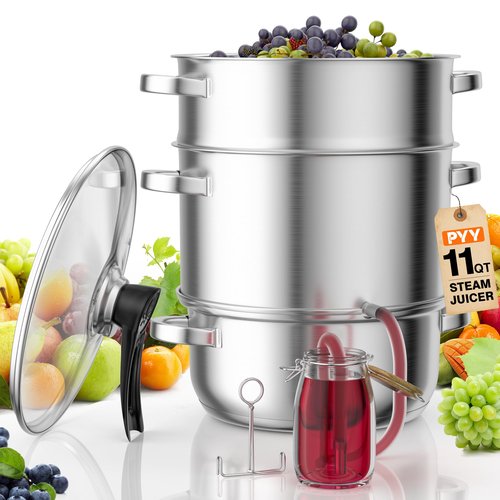 PYY Steam Juicer Extractor - 11QT Fruit Vegetables Steam Juicer for Canning, 3-Layer Stainless Steel with Tempered Glass Lid, Hose, Jelly, Syrup, Clamp Steamer Extractor for Making Juice