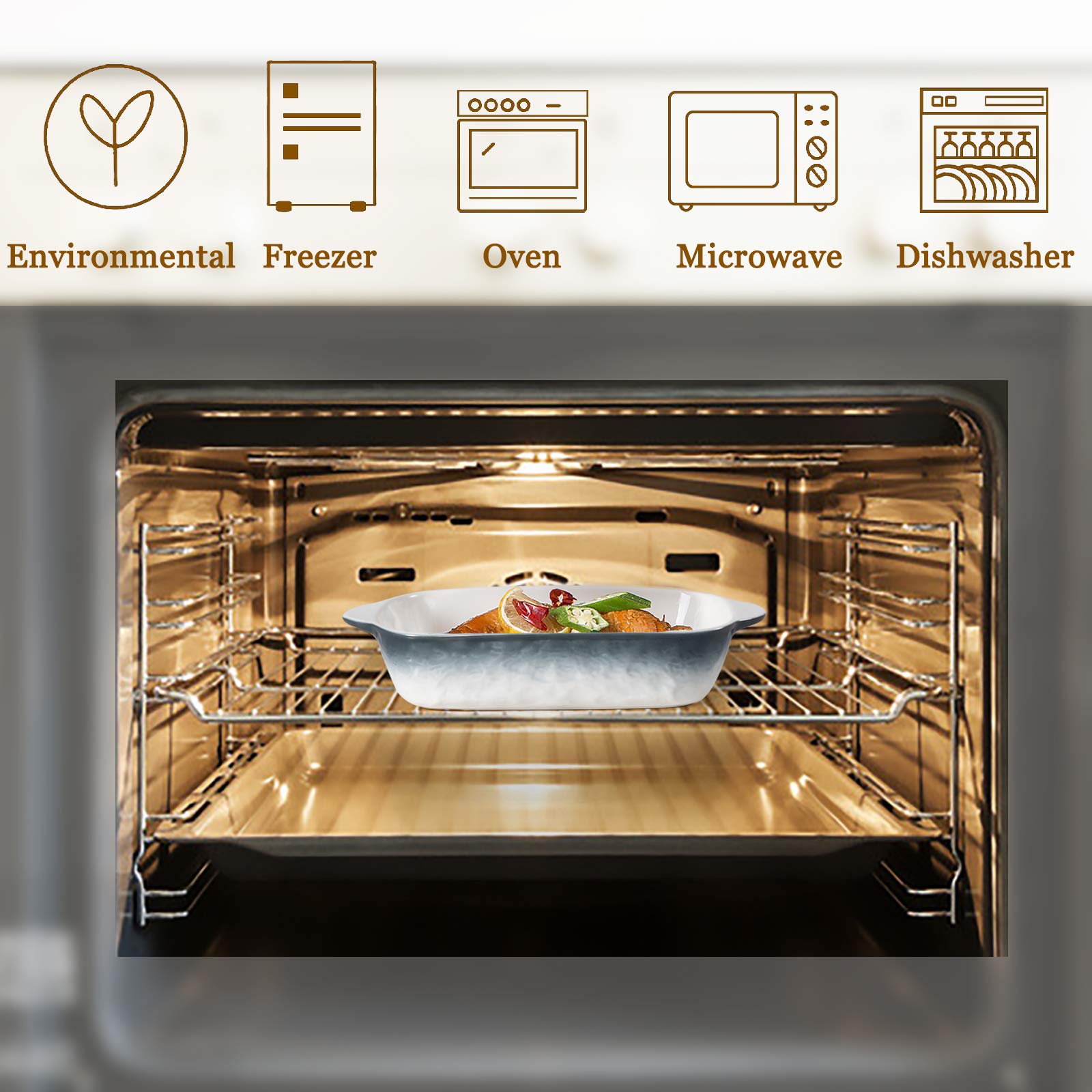 Hoxierence 20oz Small Ceramic Baking Dishes, 7.5L x 5.4W Inch Stone Embossed Pattern Bakeware with Double Handles, Individual Rectangular Baker for Lasagna, Casserole - Set of 4 (Gray)