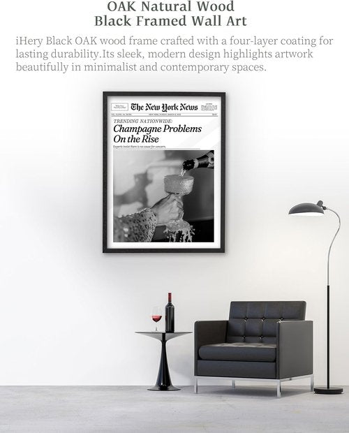 iHery Premium Natural Black Oak Wood Wall Art - Trendy Champagne Problems Newspaper Canvas | 16x20in Framed Decor for Dorm & Living Room