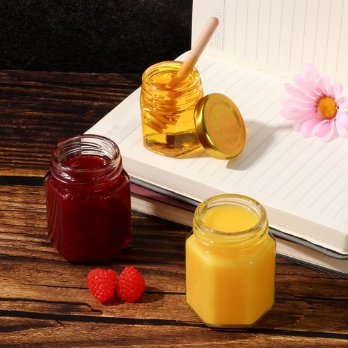 SZUAH 8 Pack 3 oz Mini Honey Jars with Dipper, Glass Hexagon Honey Jar for Wedding Favors, Empty Glass Jars for Party Favor