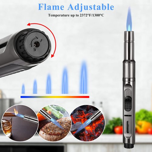 Butane Torch With Long Refillable Kitchen Lighter, Visible Fuel Window, Adjustable Jet Flame Pen for Grill, Fireplace (Black1)