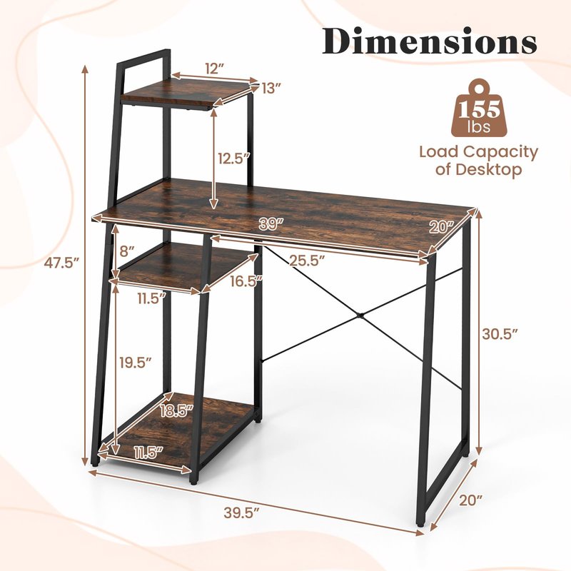 Tangkula Computer Desk with Shelves, Space Saving Home Office Desk with 3-Tier Ladder Shaped Storage Bookshelf, Modern Writing Study Desk with Metal Frame, Compact Computer Workstation (Rustic Brown)