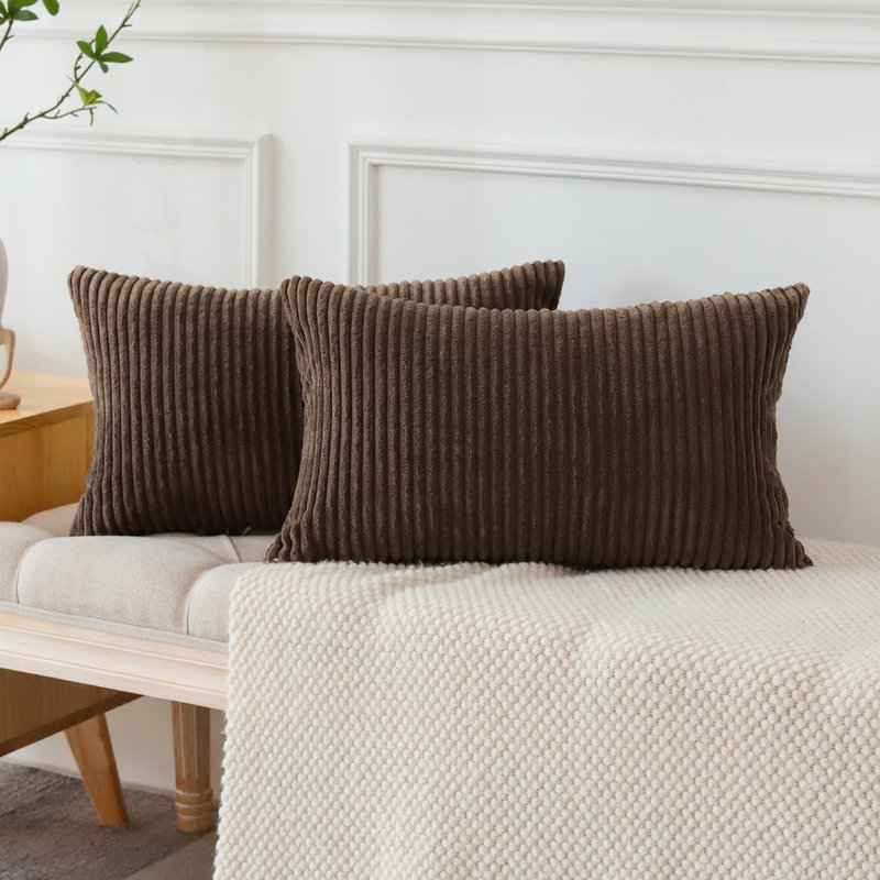 OTOSTAR Boho Decorative Throw Pillow Covers 16 x 24 Inch Soft Corduroy Solid Striped Pillow Covers Lumbar Cushion Case Couch Pillowcases for Sofa Bed Home Decor Pack of 2 (Dark Brown)