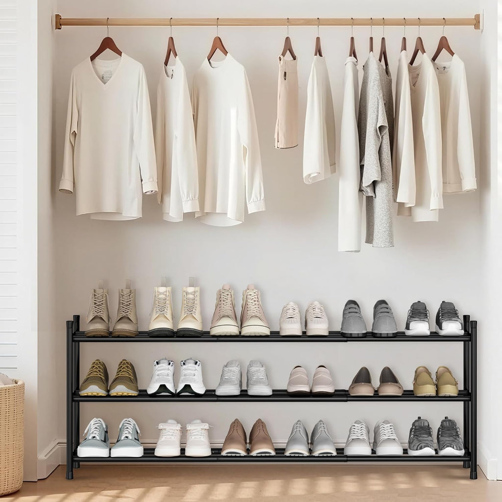 Storage Maniac Expandable Shoe Rack - Adjustable 3-Tier Metal Organizer for 18 Pairs | Ideal for Closet, Entryway, Garage