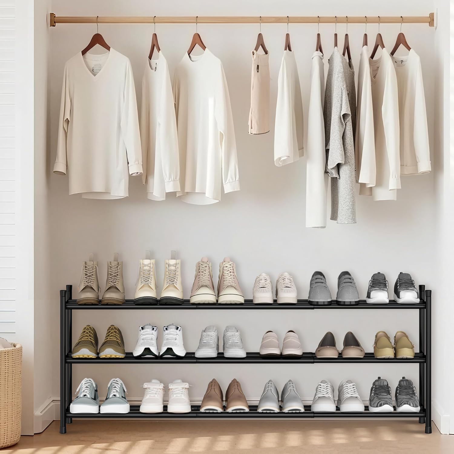 Storage Maniac Expandable Shoe Rack - Adjustable 3-Tier Metal Organizer for 18 Pairs | Ideal for Closet, Entryway, Garage