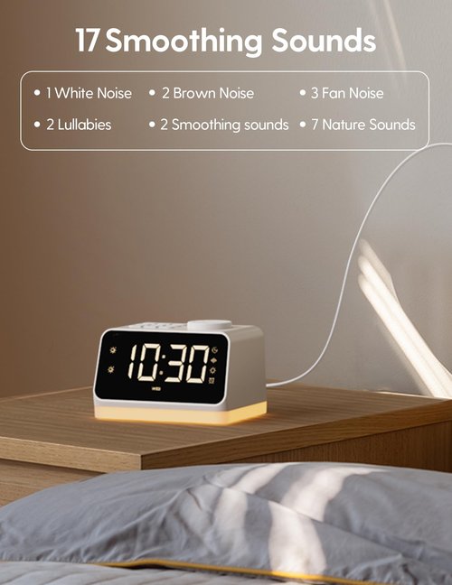 BABELIO Alarm Clock Sound Machine with Sleep Training, 17 Smoothing Sounds, Night Light, Timer, Gentle Wake up for Bedrooms, Adults, Kids and Baby
