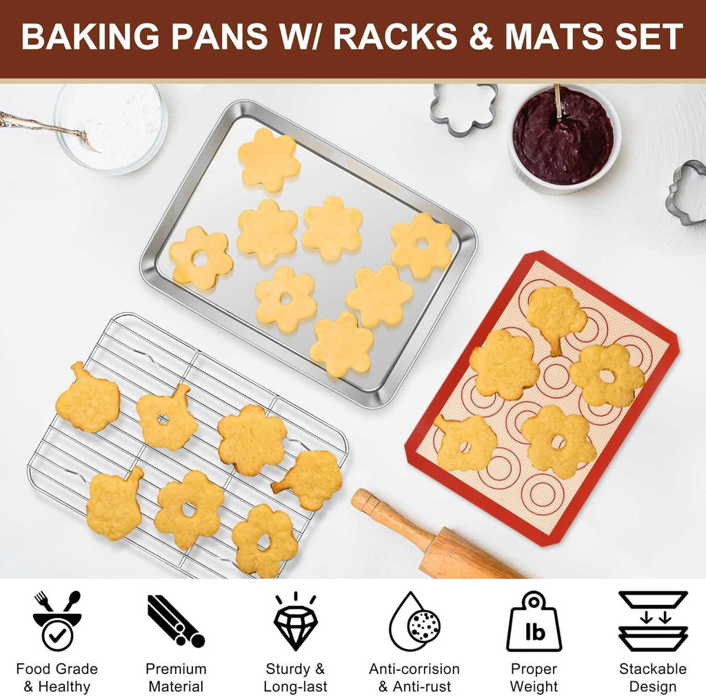 TeamFar Stainless Steel Toaster Oven Tray Set - 9.3-Inch Baking Sheets with Cooling Racks & Silicone Mats - Non-Toxic & Easy to Clean