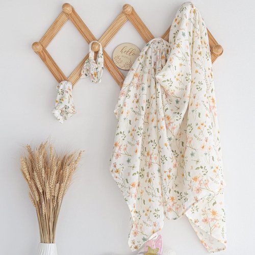 LifeTree Newborn Swaddle Set with Matching Hat and Bow Set, Wooden Birth Announcement Card, Floral Baby Girl Newborn Receiving Blankets Baby Swaddle Nursery Wildflower