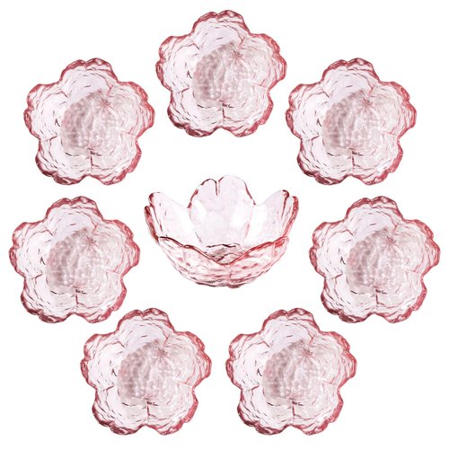 WHJY 8 pack Cute Sauce Dishes Glass Dish Set for Soy Sauce Snacks Tea Bag Mini Glass Bowls Clear Pink Cherry Blossom Soy Sauce Dishes