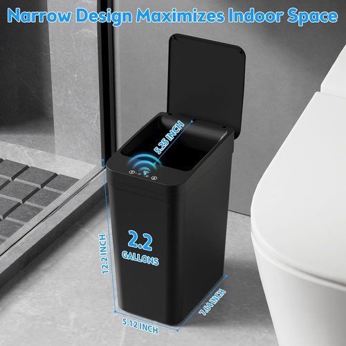 KOEYLE Touchless Bathroom Trash Can - 2 Pack 2.2 Gallon Smart Motion Sensor Bins | Slim Waterproof Design (Black)