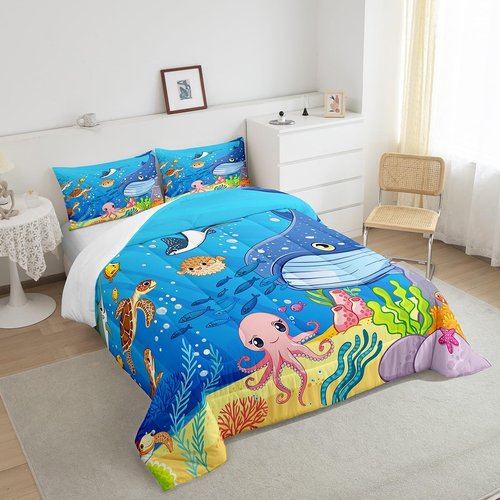 Marine Animals Comforter Set Full,Shark Octopus Turtle Coral Bedding Set,Underwater World Cartoon Quilt Set 3 Pcs for Kids Teens Adults Room Decor,Sea Blue Duvet Insert with 2 Pillowcases