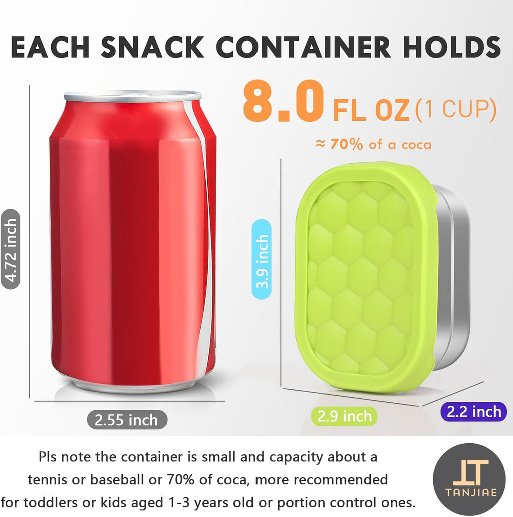 Tanjiae Stainless Steel Snack Containers - 4-Pack 8oz | Reusable Easy-Open Toddler Lunch Box with Silicone Lids