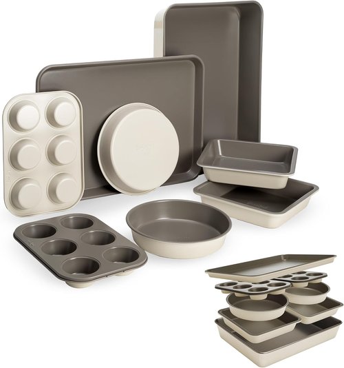 Goodful Nonstick Bakeware Set - 8-Piece Stackable & Space-Saving Design | Round, Square, Muffin Pans, Linen