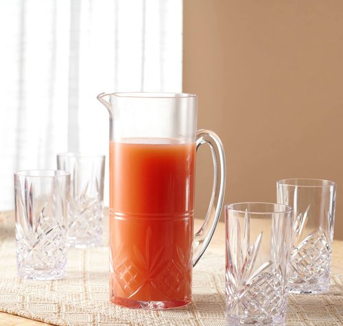 Godinger Pitcher and Highball Drinking Glasses Set, Acrylic Shatterproof Water Jug Pitcher with Tall Drinking Cups - Dublin Collection