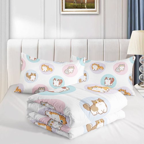 Datura home White Kawaii Cat Comter Bedding Set Girls Kitten White Print Cute Animal Pattern Bedding Set with 1 Comter and 2 Pillowcases Girls Bedroom All Season(Cat White), Queen 90x90inches