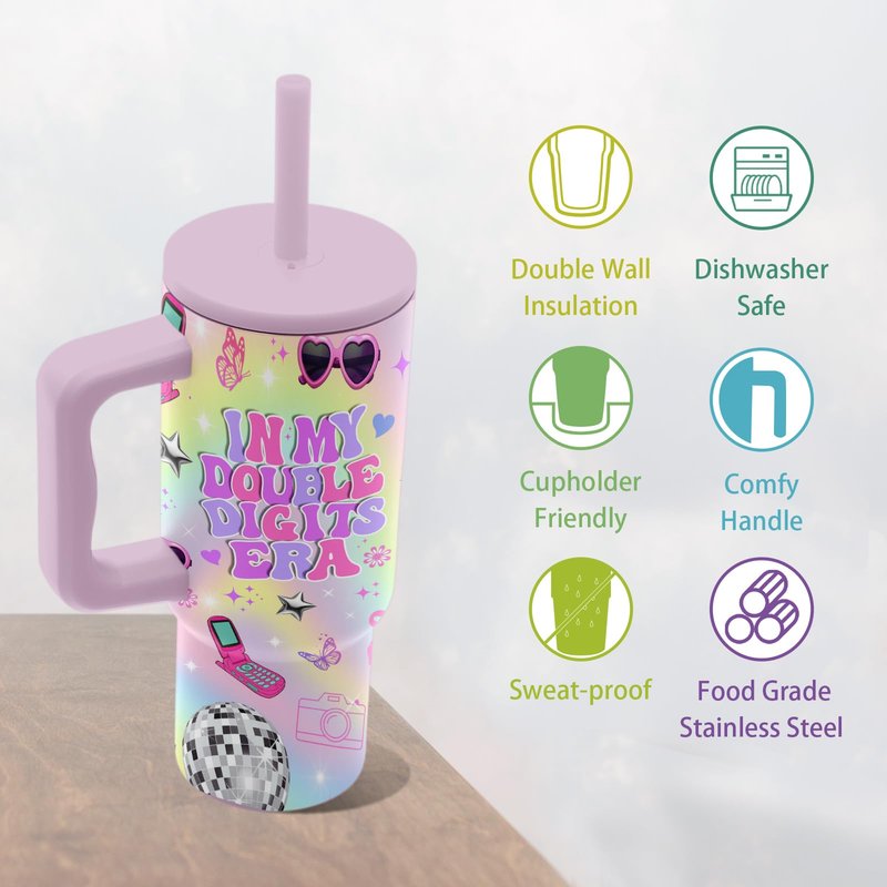 Hiboss Birthday Gifts for 10 Year Old Girls, in My Double Digits Era Tumbler with Handle 24oz, 10th Birthday Gifts for Girls, Iridescent Girl Music Disco Theme Party Cup